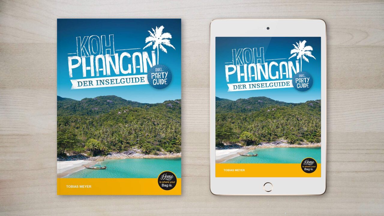 Koh Phangan Inselguide als gedrucktes Buch und eBook auf einem Tablet