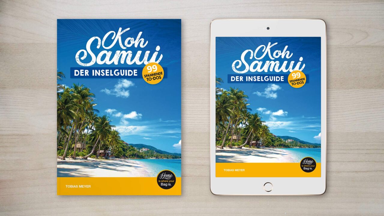Koh Samui Inselguide als gedrucktes Buch und eBook auf einem Tablet