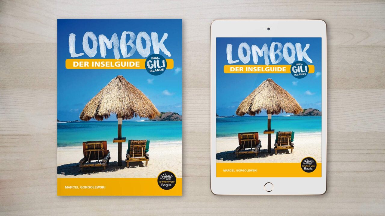 Lombok Inselguide als gedrucktes Buch und eBook auf einem Tablet
