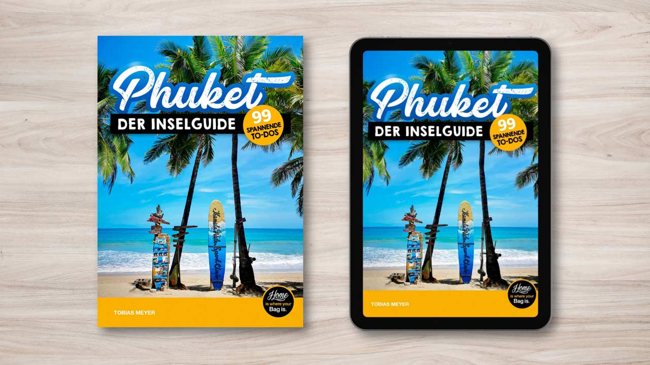 Phuket Inselguide als gedrucktes Buch und eBook auf einem Tablet