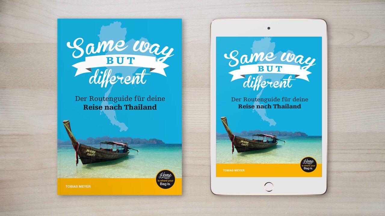 Thailand Routenguide als gedrucktes Buch und eBook auf einem Tablet