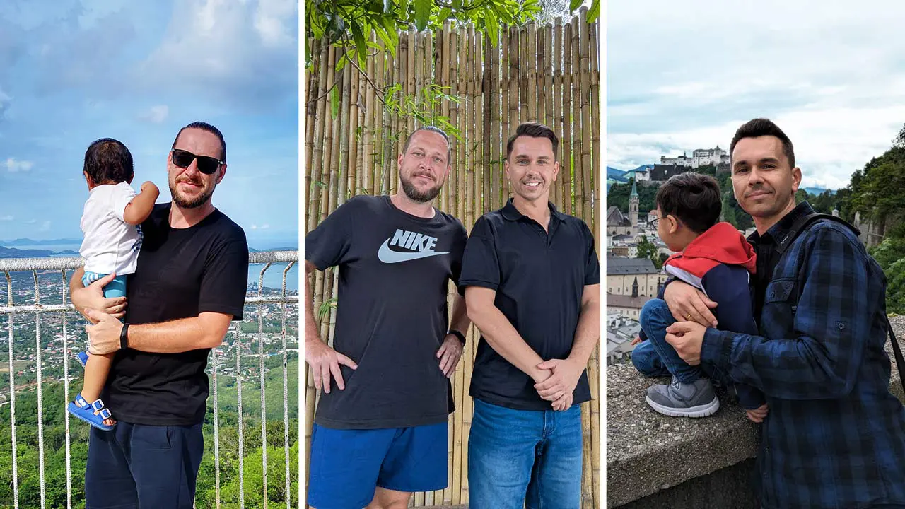 Collage von Tobi & Marcel mit ihren Kindern an verschiedenen Orten